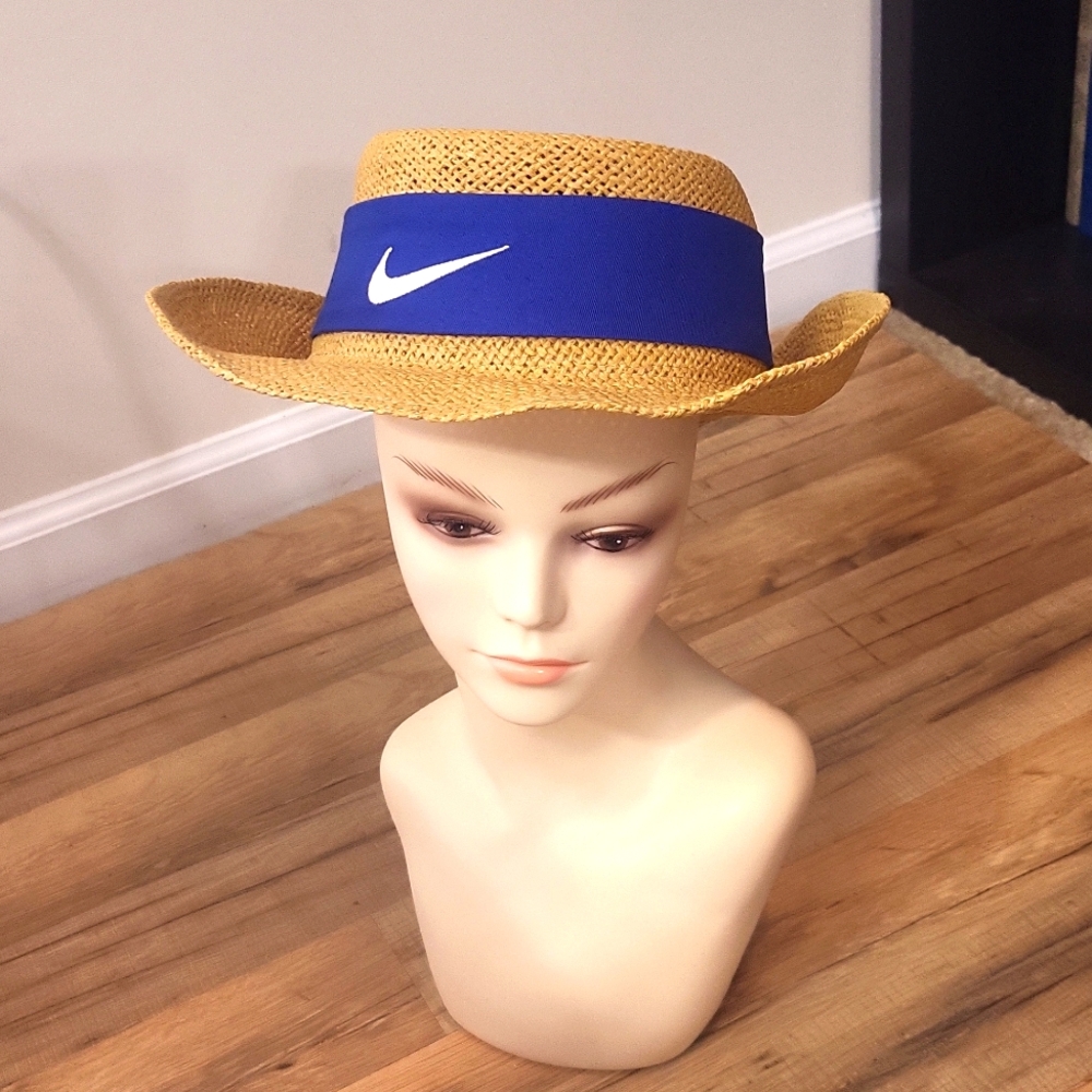 Vtg Cobra NIKE Blue Swoosh Tan Paper Straw Hat